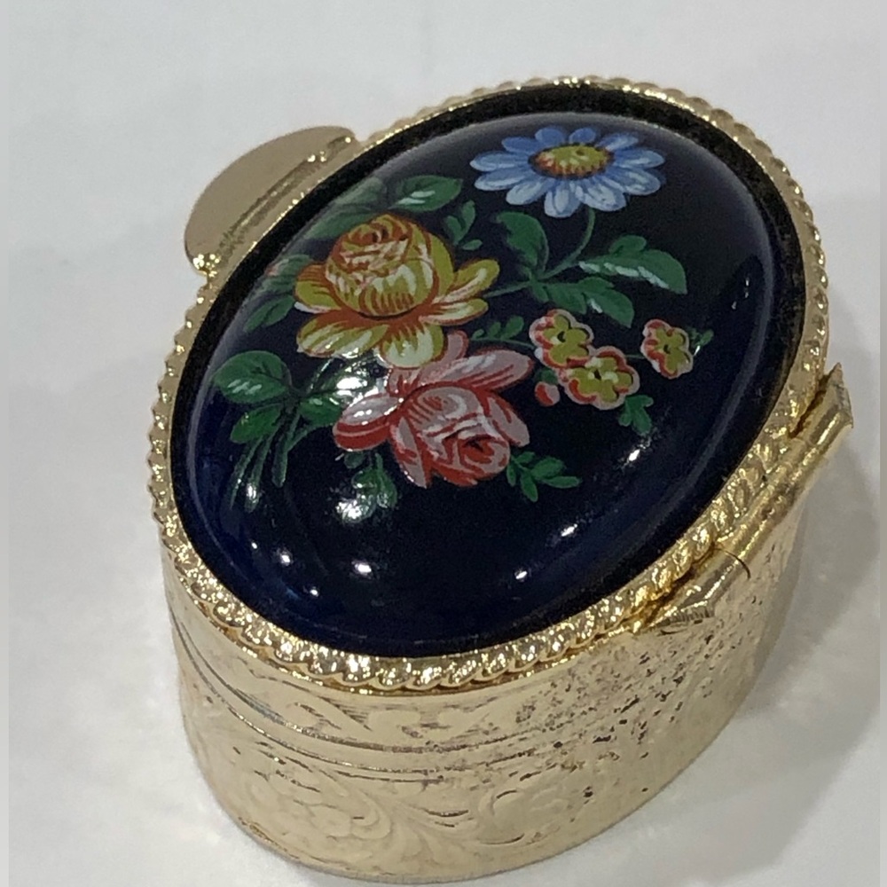 Vintage Italian Pill Trinket Box Gold Tone Metal-Blue Enamel Floral Hand Painted